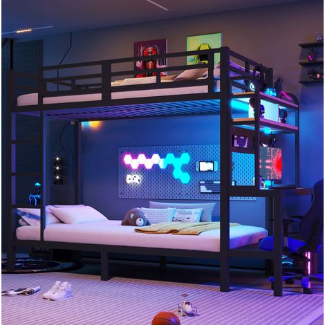 Litera infantil de 90x200cm con escritorio, estantes, luz LED y puerto USB, estructura metálica, para dormitorio, color negro (1/5)