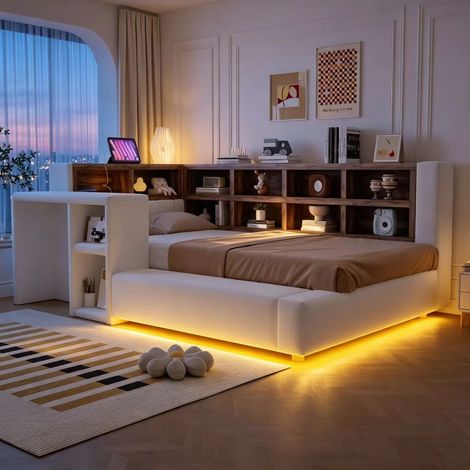 Cama tapizada 90x200 cm con cabecero acolchado, almacenaje escalonado, LED, enchufes integrados y beige (1/5)