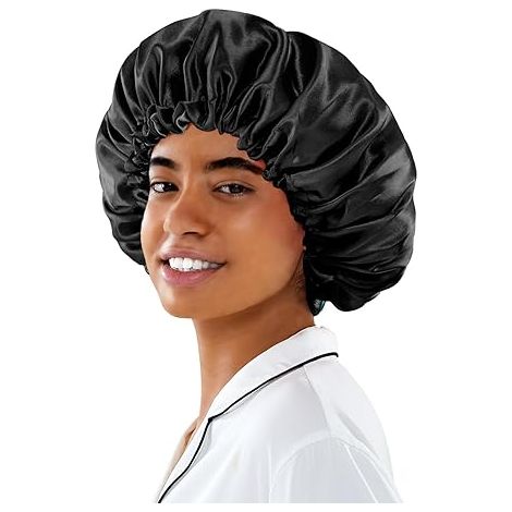 Bonnet en satin et soie pour dormir - Bonnet souple en satin pour cheveux naturels et bouclés (Noir) (1/5)