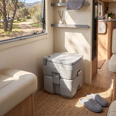 Toilettes de camping 20 L, WC portable avec réservoir de chasse et eaux usées, 35,5 x 41 x 42,5 cm, plastique gris, pour caravane, van et extérieur (1/5)