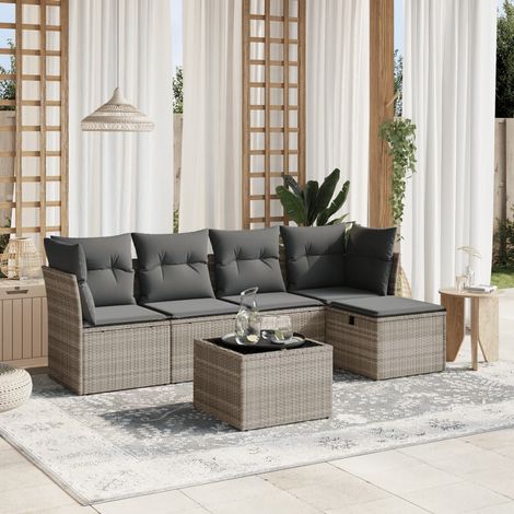 Set de sofás de jardín 6 pzas y cojines ratán sintético gris vidaXL (1/4)