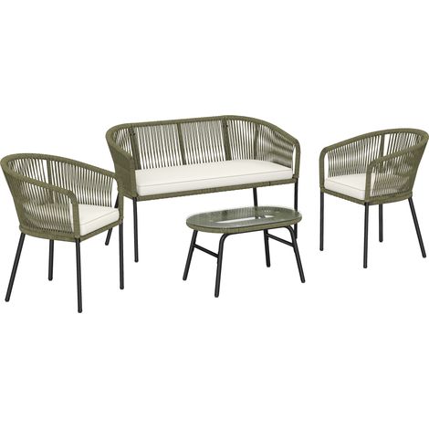 Salon jardin 4 places, canapé 2 places, 2 fauteuils et table basse en verre trempé, rotin tressé PP couleur crème. (1/5)