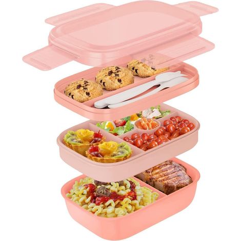 GABRIELLE Boîte à déjeuner, boîte à salade adulte 1900 ml avec 3 compartiments et couverts, boîte à fruits en plastique sans BPA, boîte à déjeuner micro-ondes pour bureau, école, pique-nique (rose)