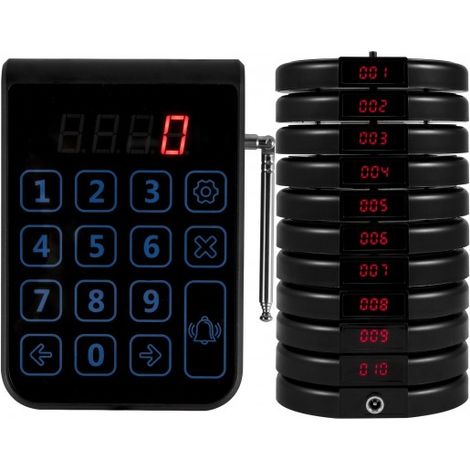 Système de radiomessagerie sans fil 999 canaux – 10 téléavertisseurs – Alimentation DC 9V – Distance de 300-500 mètres – Modes vibration, flash, buzzer (1/5)