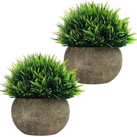 Mini plantes artificielles en pot (lot de 2) - Faux arbustes topiaires en gazon vert avec pot gris (1/5)