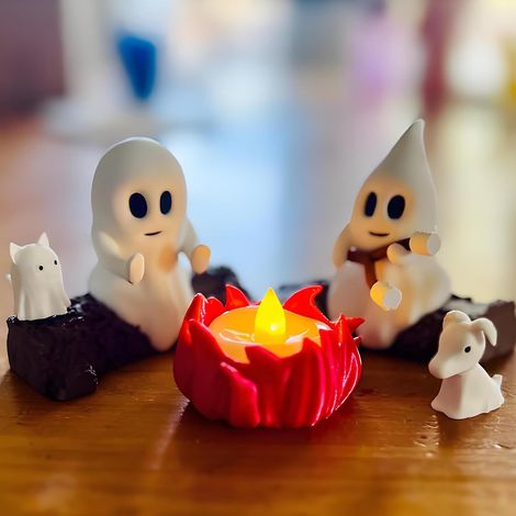 Ghost Campfire Gathering Halloween Ghost Figurine Set with LED Candle Holder Spooky Home Decor Cute Cat and Dog Statue Campfire Display Haunted Ghost Scene Adventures (1/5)