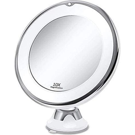 Specchio ingranditore 10x con illuminazione a LED, ventosa potente e funzionamento a batteria – specchio cosmetico con luce naturale dimmerabile per il bagno (bianco) – DOU