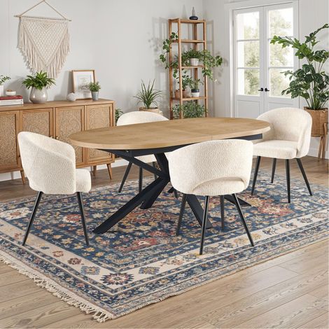 Table extensible 180-240 cm + 4 chaises tissu bouclette écru - VENTER