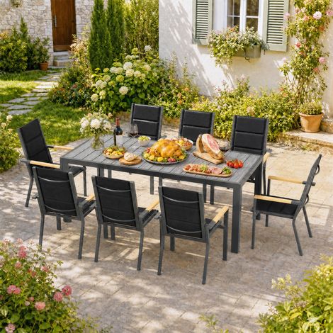 Devoko – Table de jardin aluminium 189x80x73cm – Plateau aspect bois naturel – Pour 6-10 personnes – Cadre léger et résistant – Surface facile à nettoyer – Patins antidérapants