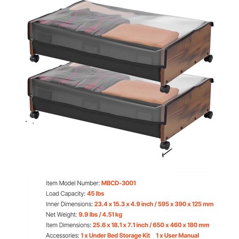Rangement sous le lit, Matériau en bois, Couvercles transparents, 20-24 pouces (1/2)
