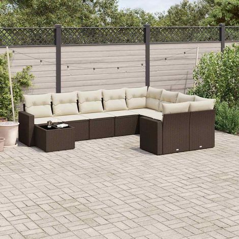 Ensemble salon de jardin 10 pièces rotin synthétique marron avec coussins crème, table verre trempé 55x55x37cm (1/5)