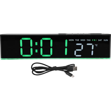 Réveil numérique LED grand format avec variateur de volume et port USB, idéal pour les gros dormeurs. Boîtier noir, éclairage vert. (1/5)