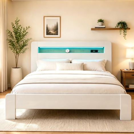 MEUBLIV Bettgestell 180x200 cm Weiß – Kopfteil mit Stauraum, LED, ohne Matratze (1/5)