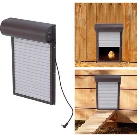 Porte de poulailler automatique à enroulement métallique avec détecteur de lumière, minuterie et télécommande  solution 3 en 1 pour les élevages, 100-240 V, marron, norme européenne (1/5)