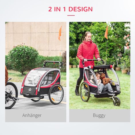 Kinderfahrradanhänger 2-in-1 mit Joggingfunktion, wasserdichter Abdeckung, Stahlrahmen, rot + schwarz, 142 x 75 x 101 cm (1/5)