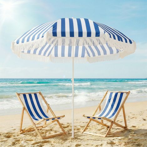 Parasol plage franges Ø180cm extérieur terrasse hauteur réglable inclinaison 30°, bleu blanc