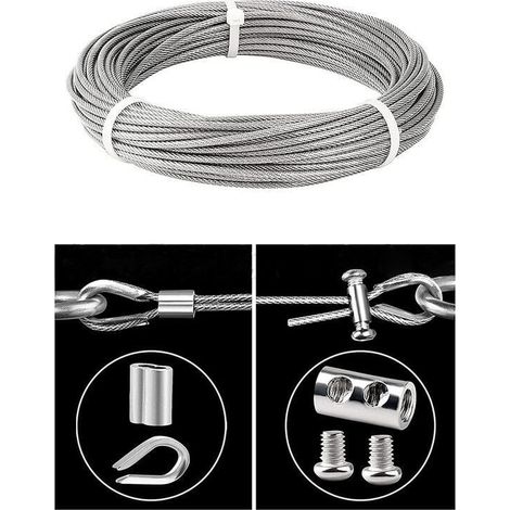 SNQ – Câble en acier inoxydable 3mm – 50M avec revêtement PVC – Résistant à la corrosion – Manchons et cosses en aluminium inclus (1/4)