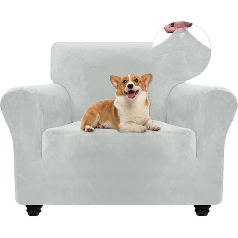 1 Housse de Canapé, Tissu Velours Extensible, Protection Anti-Griffures, Universel pour Fauteuil 1 Place, Gris Argenté