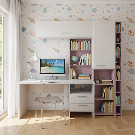 Angolo studio multifunzionale con libreria a profondità variabile e cassettiera integrata - bianco e cipria