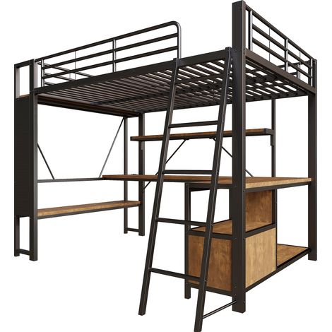 Hochbett 140 x 200 cm aus Metall, schwarz, mit LED-Schreibtisch, Stauraum, USB, ohne Matratze (1/5)