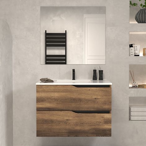 Meuble de salle de bain 60cm simple vasque - 2 tiroirs - tabaco (bois foncé) - LUNA (1/5)