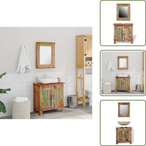 Ensemble meuble sous vasque et miroir en bois massif recyclé (1/5)