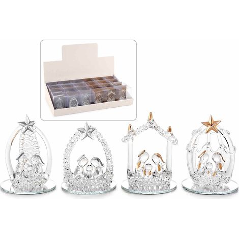 Presepe Sacra Famiglia in vetro con base a specchio in scatola singola ed espositore da 24 pezzi, set da 24 pezzi, Ø 4 cm x 5,5 H