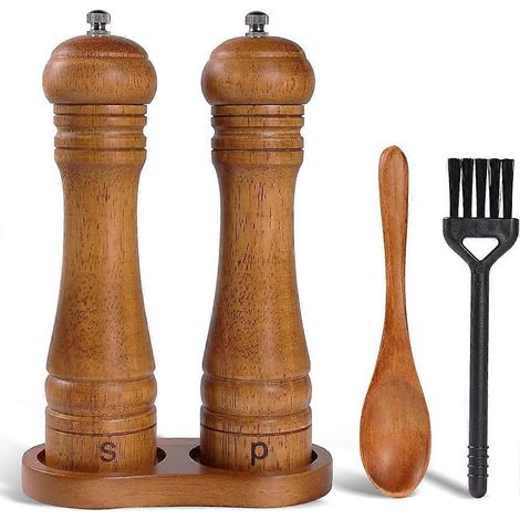 Ensemble moulin à sel et à poivre en bois avec support - Moulin à sel et à poivre en chêne de 20 cm, noyau en céramique réglable (1/5)
