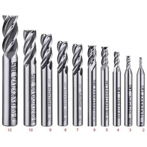 Lot de 10 forets à 4 cannelures - de 2 à 12 mm Fraise en Bout- Ensemble de forets à tige droite HSS CNC pour perceuse - Ensemble d'outils pour bois, aluminium, acier et titane
