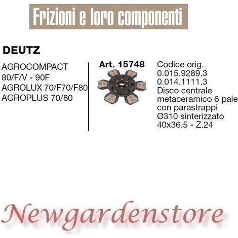 Disque d'embrayage 15748 DEUTZ Agrocompact 80 Agrolux Agroplus 41x36 tracteur