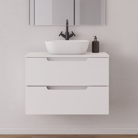 Meuble de salle de bain 80cm avec plateau et vasque à poser arrondie - 2 tiroirs - sans miroir - blanc mat - SONRIZA (1/5)