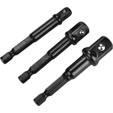 Lot de 3 adaptateurs noirs pour douilles hexagonales 1/4" vers forets à tête carrée 1/4", 3/8" et 1/2". (1/5)