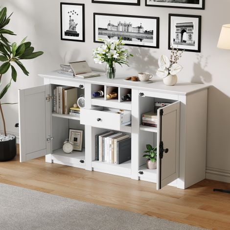 Meuble de salon – Commode moderne à 2 portes et 1 tiroir  Meuble d'appoint avec 3 porte-bouteilles  Buffet avec espace de rangement semi-ouvert – Idéal pour les couloirs, les salons et les bureaux.