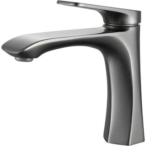 Rubinetto moderno per lavabo da bagno, con doppio controllo acqua calda/fredda, design a sollevamento, adatto per lavabi da bagno, colore grigio. (1/4)