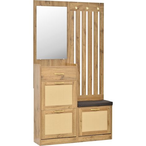 Mueble recibidor con espejo, banco zapatero, ganchos y cajón MDF natural (1/5)