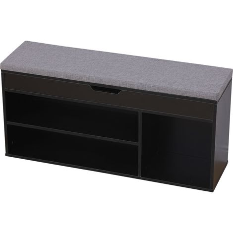 Happy Garden – Meuble à chaussures noir avec coffre – 3 casiers L 104 × l 29,5 × H 49 cm – Structure en aggloméré et MDF – Coussin en mousse gris (1/5)