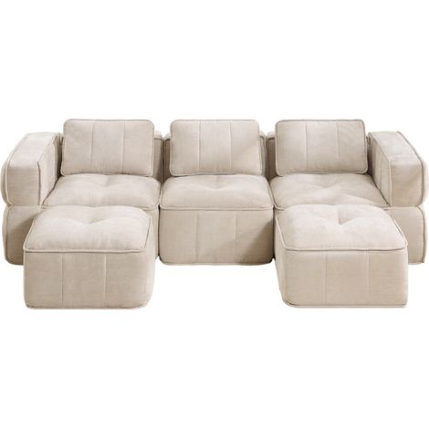 Divano modulare a U 3 posti con 2 pouf, poliestere beige, 32D, senza montaggio (1/5)
