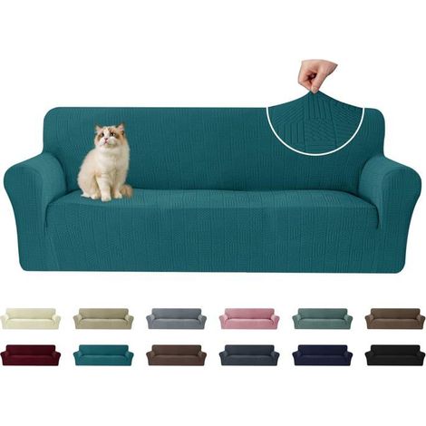1 Housse Canapé 3 Places, Extensible, Polyester, Antidérapante, Vert Foncé, Protection Animaux (1/5)