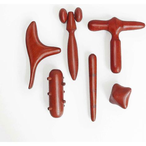 Ensemble de 6 bâtons de massage thaïlandais traditionnels en bois pour le corps, le visage, les mains et les pieds - Rouge (1/5)