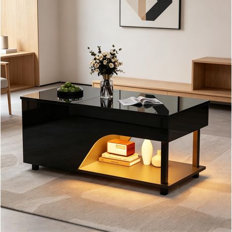 Table basse 100x50x46 cm noire, plateau relevable LED, rangement, panneaux de bois MEUBLIV (1/5)