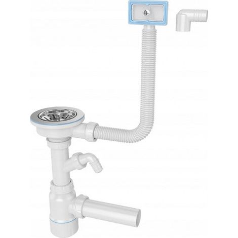 Siphon pour éviers à une cuve - 3,5 po - Trop-plein - Raccordement lave-vaisselle - Blanc (1/2)