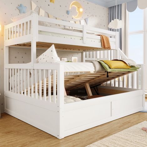REDOM - Letto a castello idraulico 253x146,5x150 cm con scaletta, contenitore, spazio sotto il letto, pino, bianco (1/5)