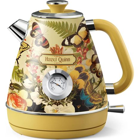 Bouilloire Électrique Rétro Inox, 2200 W, 1,7 L, Imprimé Fleuri Avec Thermomètre, Acier Inoxydable, Sans Plastique, Sans Fil, Arrêt Automatique, Sans BPA, Ébullition Rapide, Vintage Design (1/5)