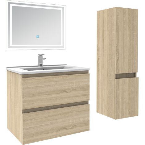 Ensemble meuble de salle de bain 60cm, vasque céramique + colonne + LED miroir rectangulaire, chêne