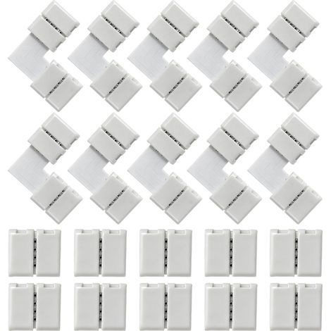 20 Pièces Kit Connecteurs Ruban LED 4 Broches 10 mm RGB 5050 Raccord Bande LED Sans Soudure 10x L Forme 10x Droit Extension Câble Lumière de et 10 (1/4)