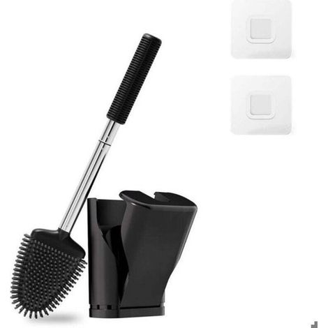 Brosse WC - Silicone Noir - Support Mural Auto-Ouvrant/Fermant - Turbo Dry Antibactérien - 1 Pièce (1/4)