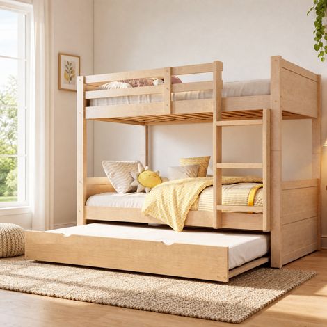 Lit superposé enfant 90x200 cm avec lit gigogne, coloris bois, en bois, sans matelas FloraGrace (1/5)