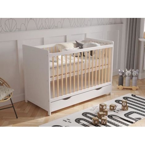 Lit bebe 120x60cm avec tiroir,Lit Bebe evolutif avec Matelas en Mousse,barrière de sécurité en Bois et Gaine protectrice, Blanc (1/5)