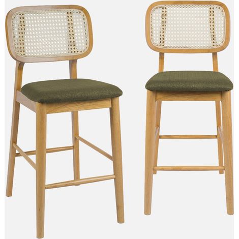 Set 2 sgabelli da bar in legno di hevea con impagliatura e tessuto, 66,5 cm