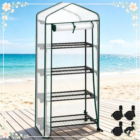 Mini serra da giardino su ruote, 4 ripiani, porta arrotolabile, 70 x 50 x 163 cm, bianca HAVRYA (1/5)
